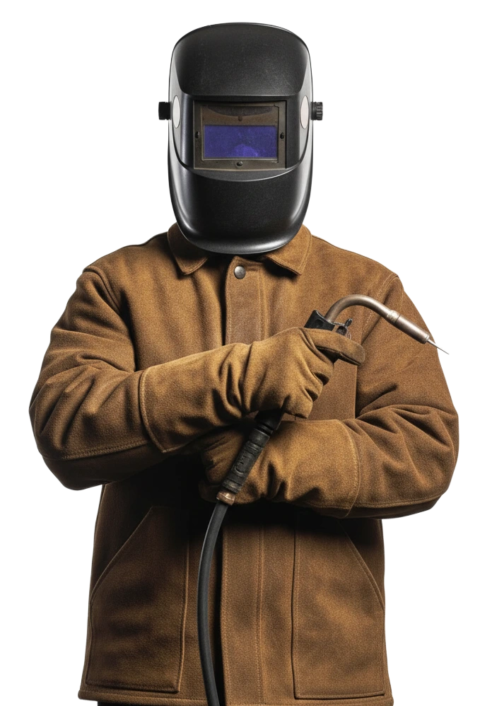 Schweißer in brauner Schutzkleidung und Schweißhelm mit Schweißbrenner in der Hand